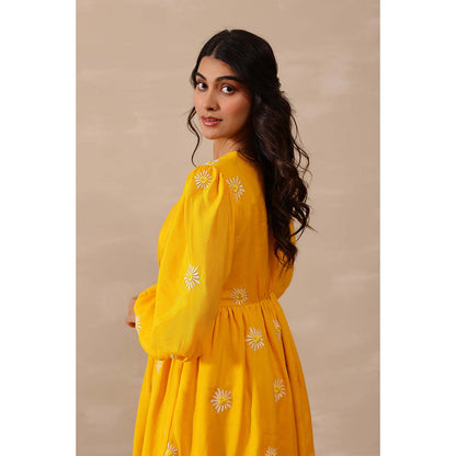 Masoomm Yellow Daisy Floral Embroidered Mini Dress