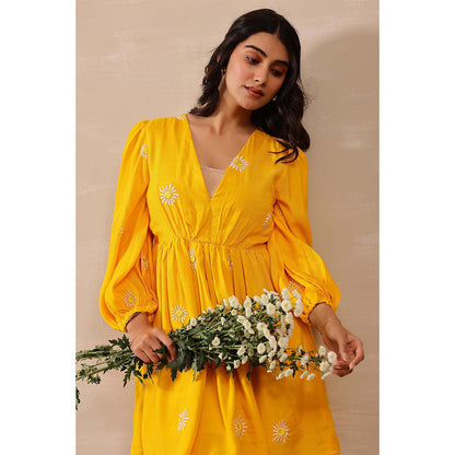 Masoomm Yellow Daisy Floral Embroidered Mini Dress