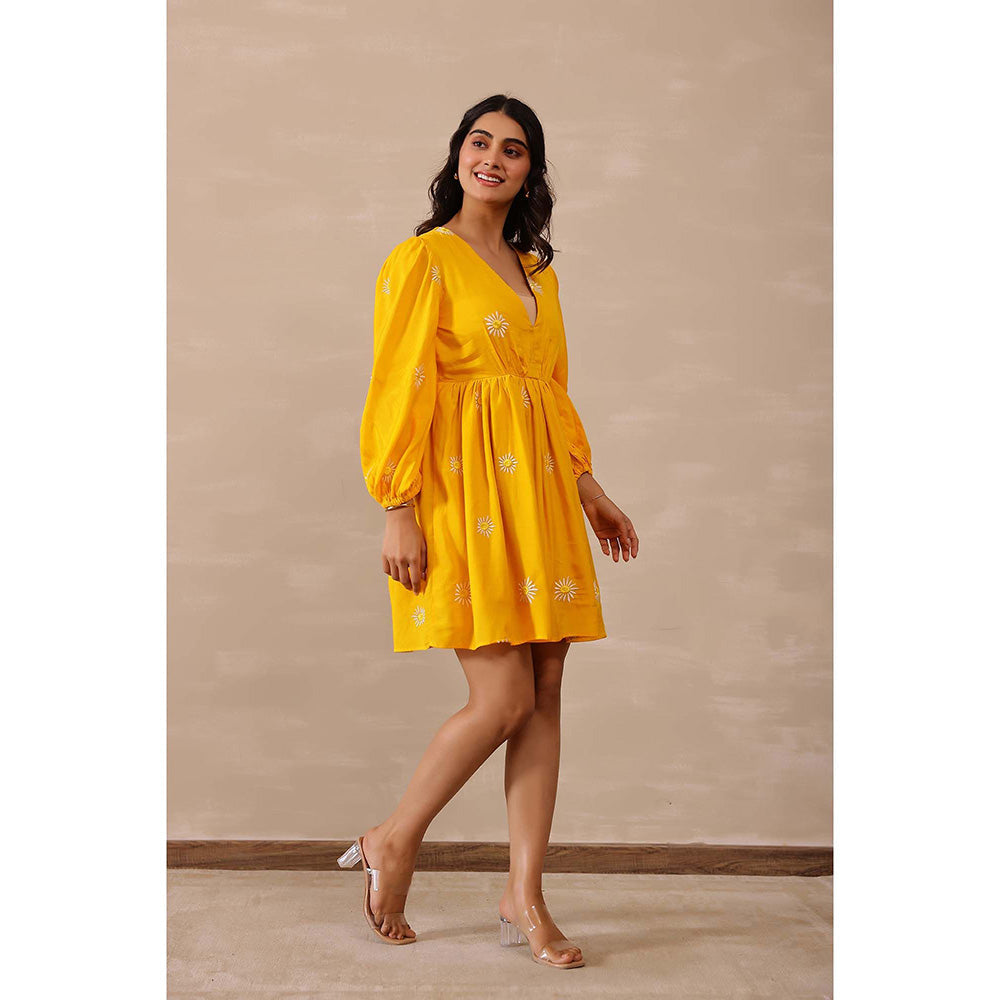 Masoomm Yellow Daisy Floral Embroidered Mini Dress