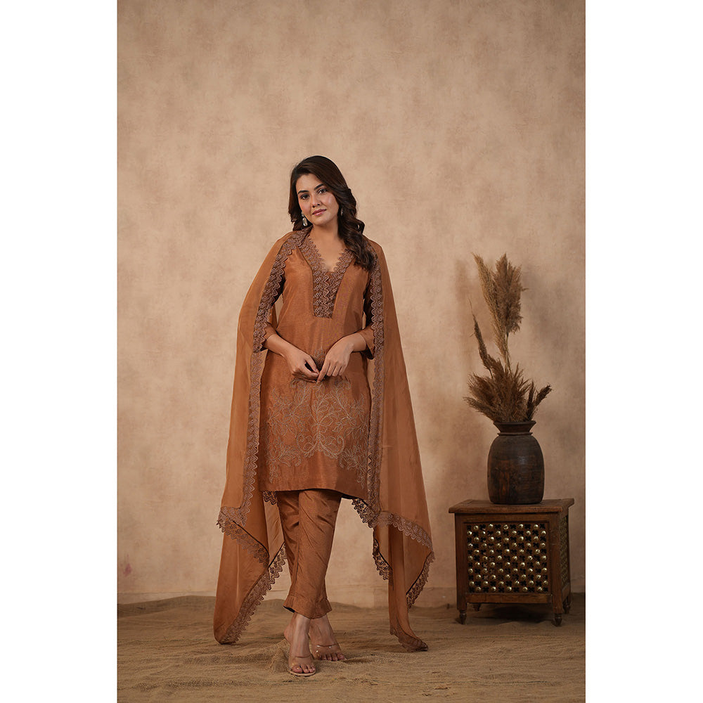Masoomm Brown Embroidered Kurta with Pant and Dupatta (Set of 3)