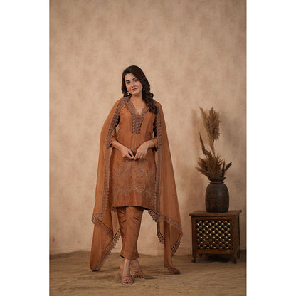 Masoomm Brown Embroidered Kurta with Pant and Dupatta (Set of 3)