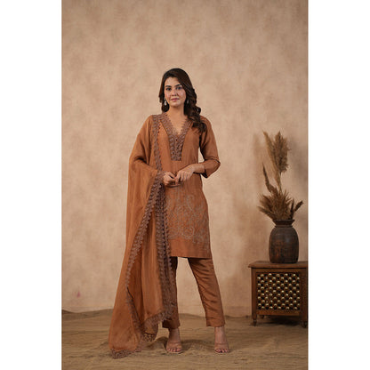 Masoomm Brown Embroidered Kurta with Pant and Dupatta (Set of 3)