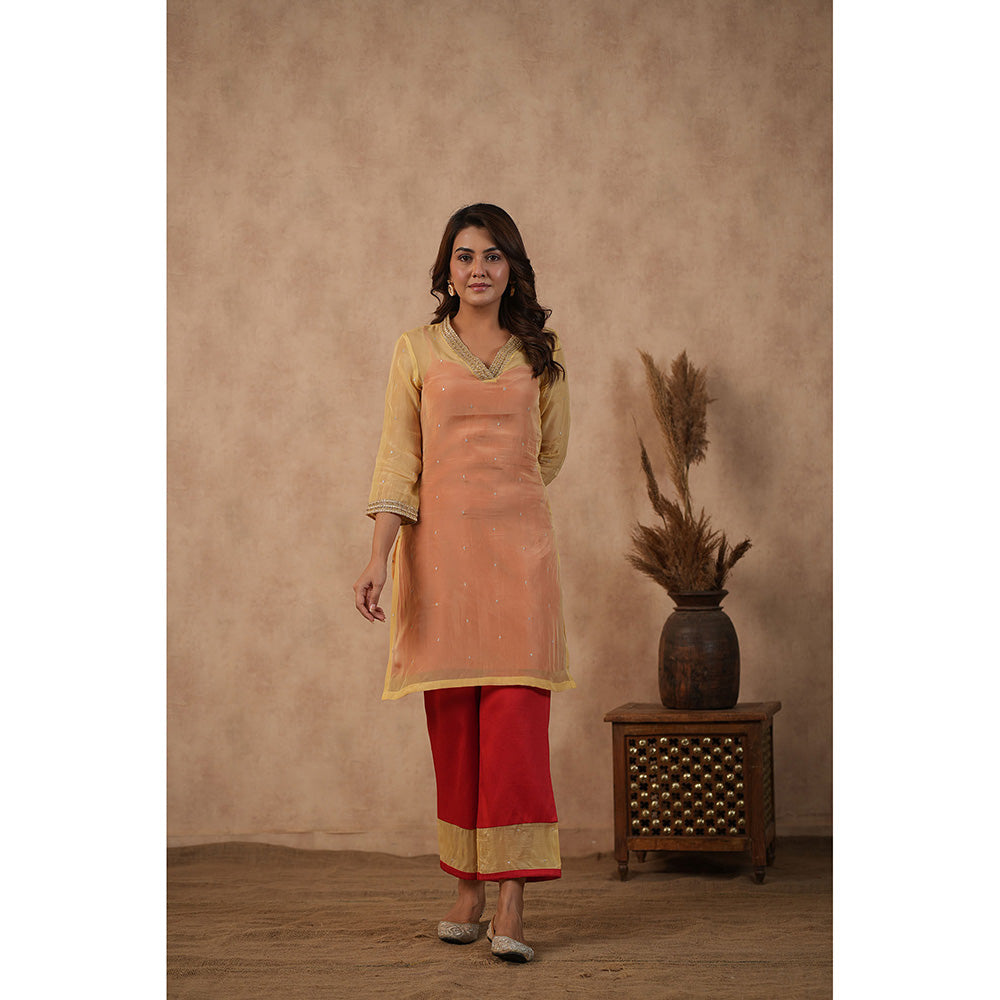 Masoomm Red Organza Lace Work Kurta with Inner and Pant (Set of 3)