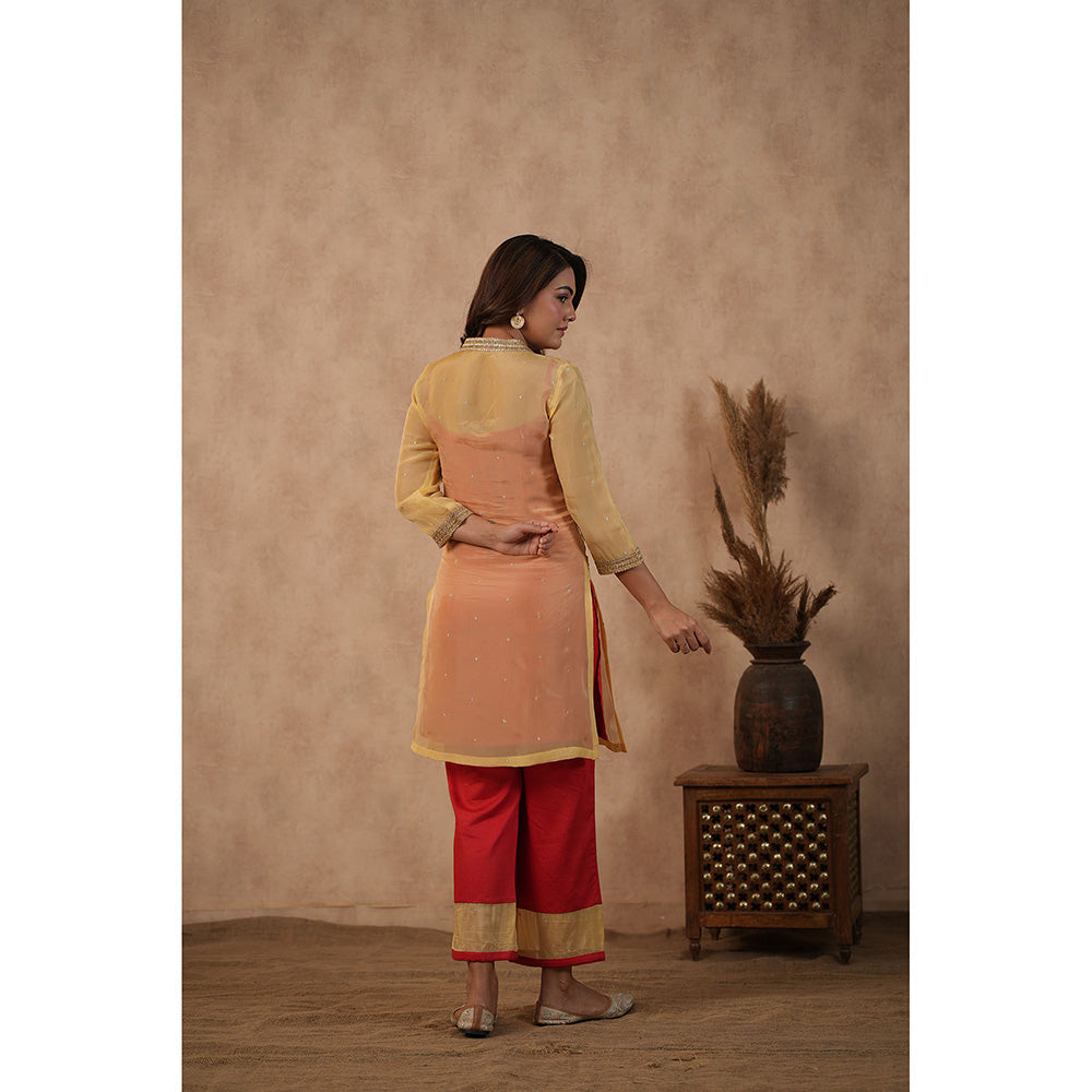 Masoomm Red Organza Lace Work Kurta with Inner and Pant (Set of 3)