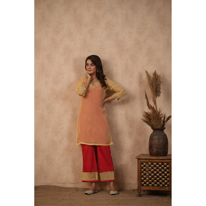 Masoomm Red Organza Lace Work Kurta with Inner and Pant (Set of 3)