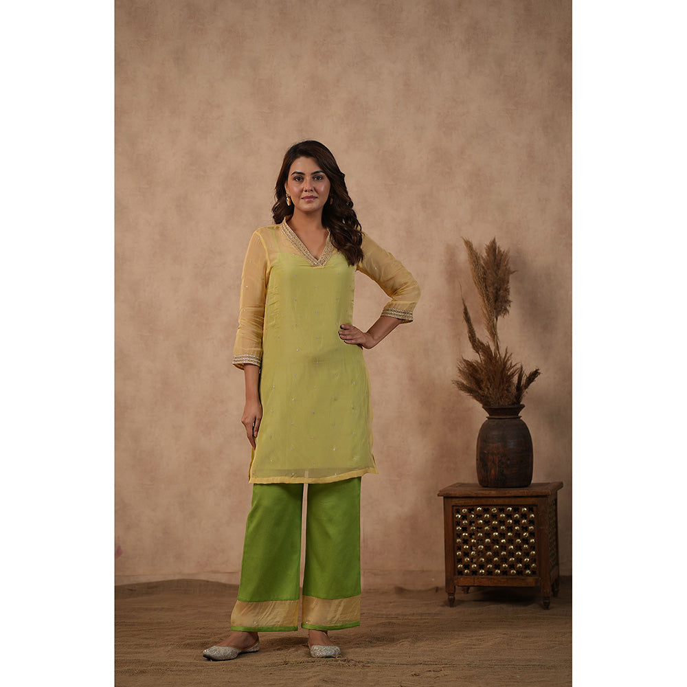 Masoomm Green Organza Lace Work Kurta with Inner and Pant (Set of 3)