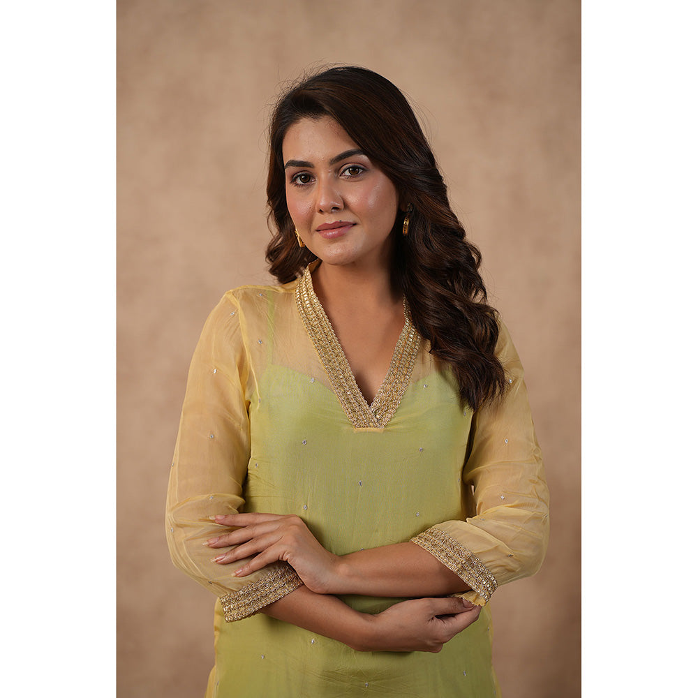 Masoomm Green Organza Lace Work Kurta with Inner and Pant (Set of 3)