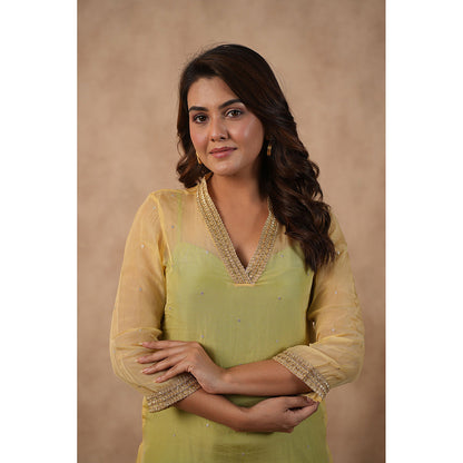 Masoomm Green Organza Lace Work Kurta with Inner and Pant (Set of 3)