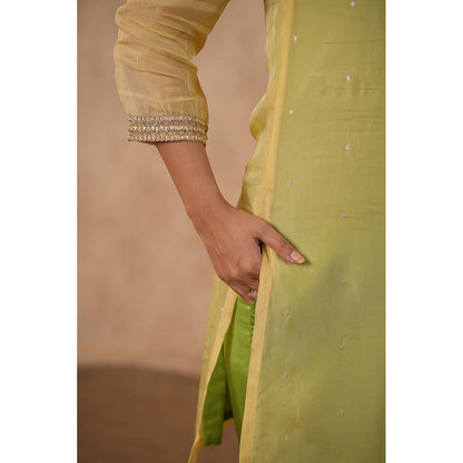 Masoomm Green Organza Lace Work Kurta with Inner and Pant (Set of 3)