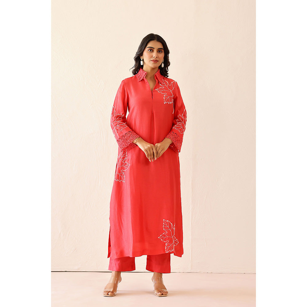 Masoomm Coral Blossom Embroidered Kurta and Pant (Set of 2)