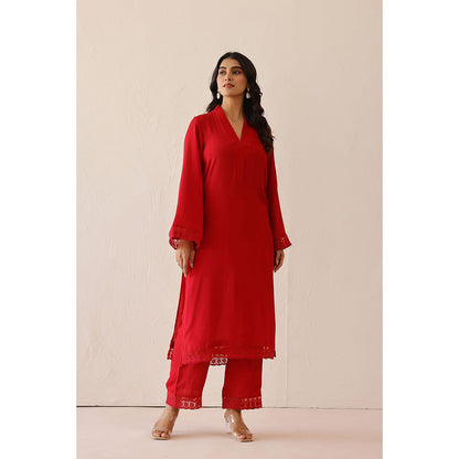 Masoomm Crimson Red Iris Solid Kurta and Pant (Set of 2)