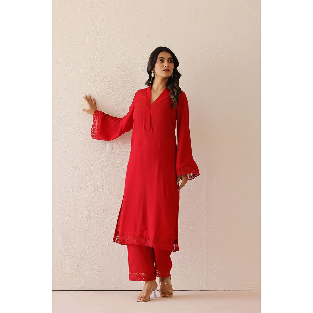 Masoomm Crimson Red Iris Solid Kurta and Pant (Set of 2)