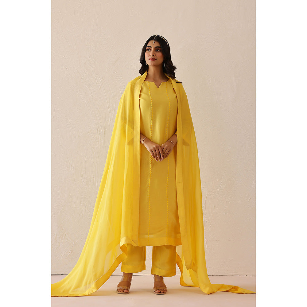 Masoomm Yellow Bloom Embroidered Kurta with Pant and Dupatta (Set of 3)