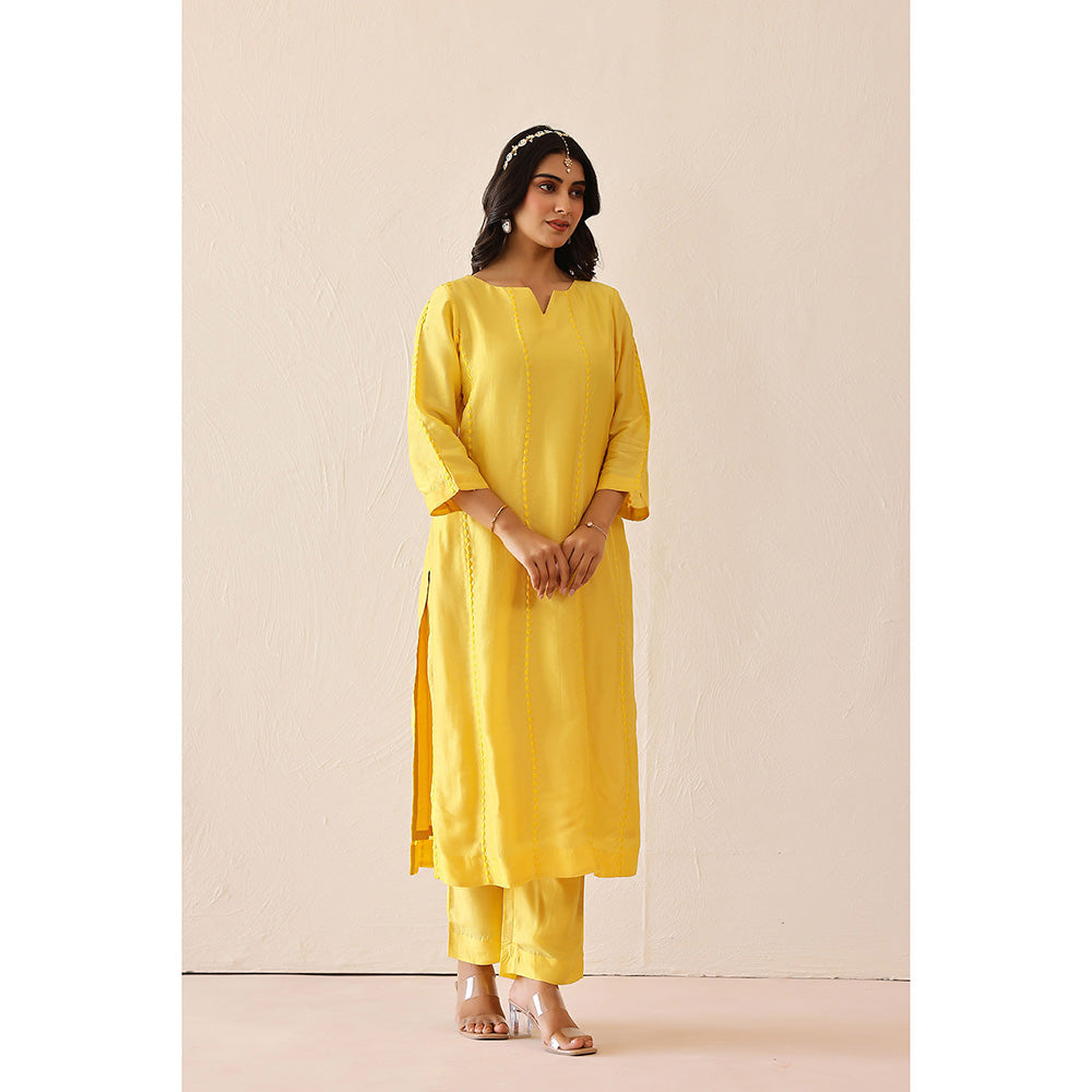 Masoomm Yellow Bloom Embroidered Kurta with Pant and Dupatta (Set of 3)
