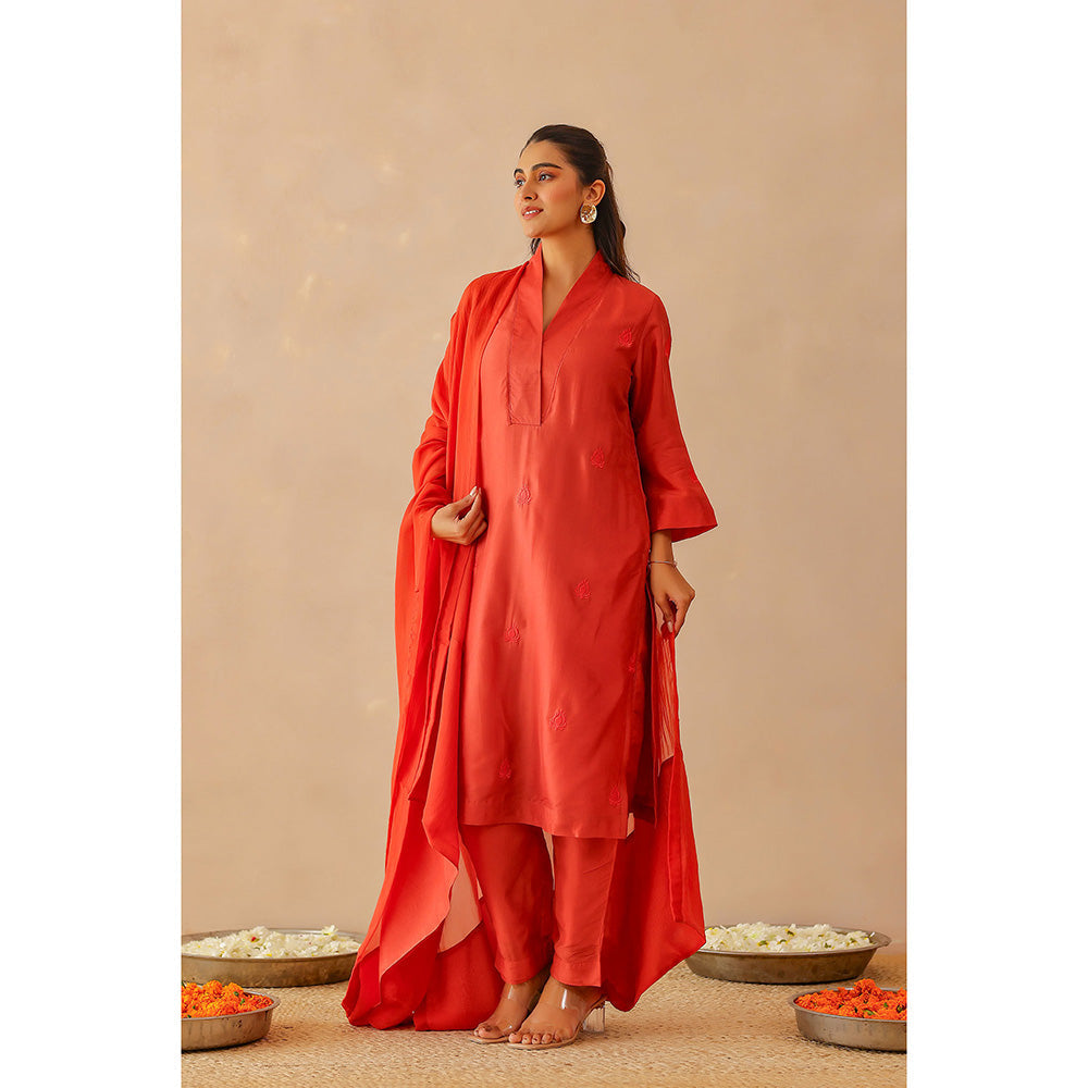 Masoomm Scarlet Red Sienna Embroidered Kurta with Pant and Dupatta (Set of 3)