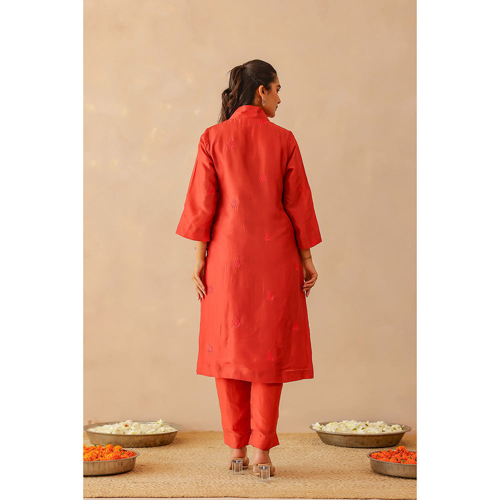 Masoomm Scarlet Red Sienna Embroidered Kurta with Pant and Dupatta (Set of 3)