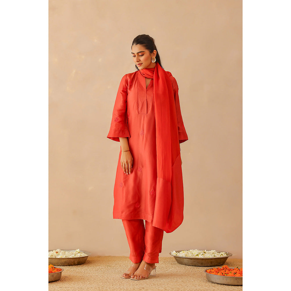 Masoomm Scarlet Red Sienna Embroidered Kurta with Pant and Dupatta (Set of 3)