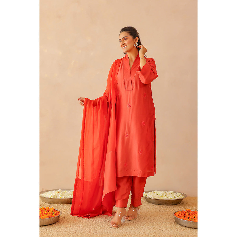 Masoomm Scarlet Red Sienna Embroidered Kurta with Pant and Dupatta (Set of 3)