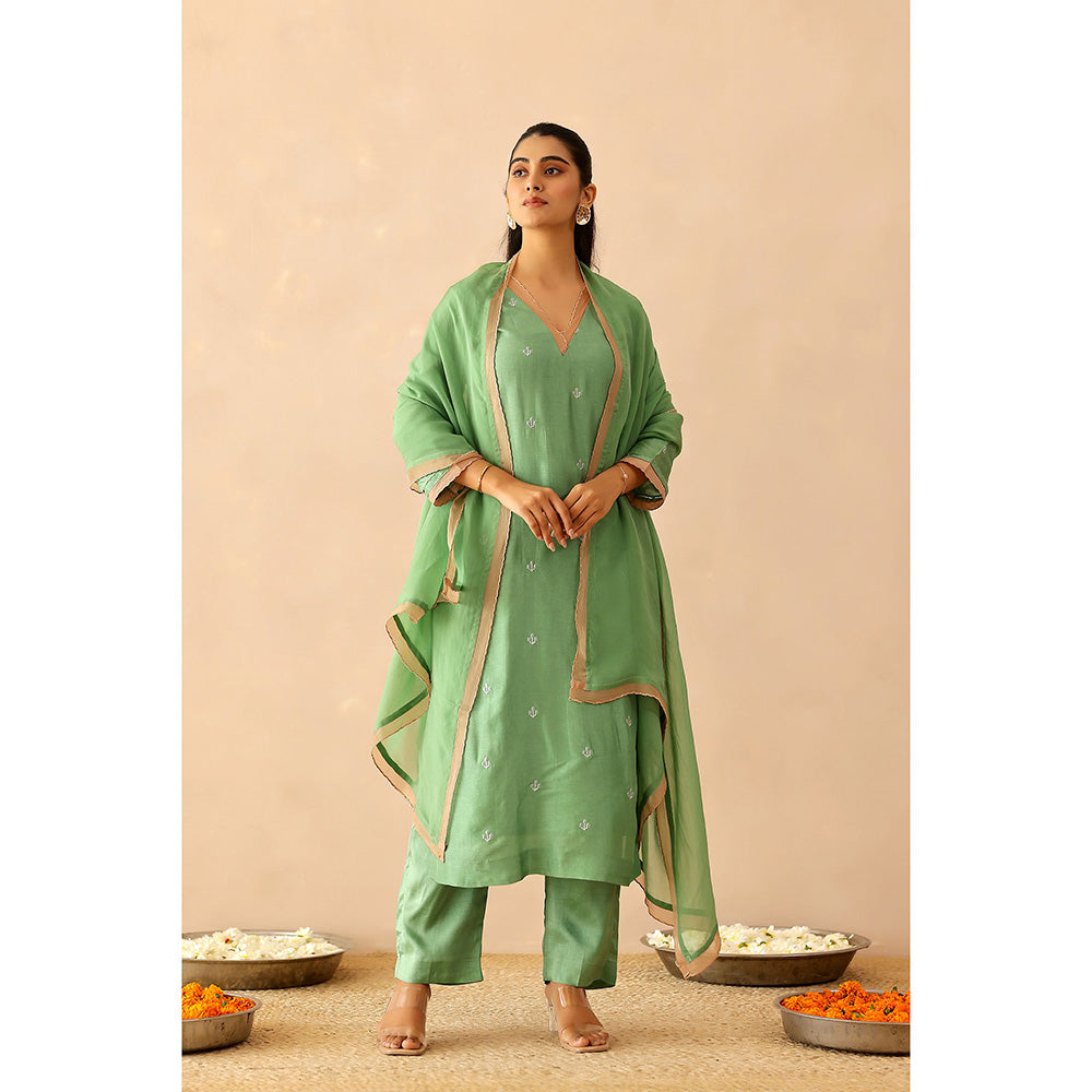 Masoomm Green Peony Embroidered Kurta with Pant and Dupatta (Set of 3)