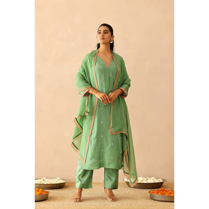 Masoomm Green Peony Embroidered Kurta with Pant and Dupatta (Set of 3)