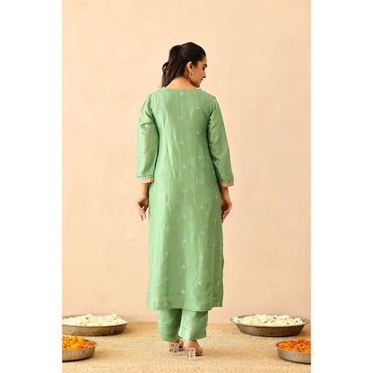 Masoomm Green Peony Embroidered Kurta with Pant and Dupatta (Set of 3)