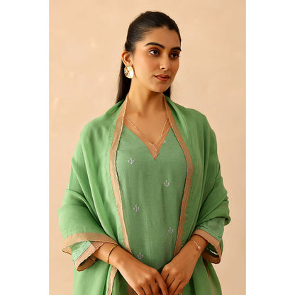 Masoomm Green Peony Embroidered Kurta with Pant and Dupatta (Set of 3)