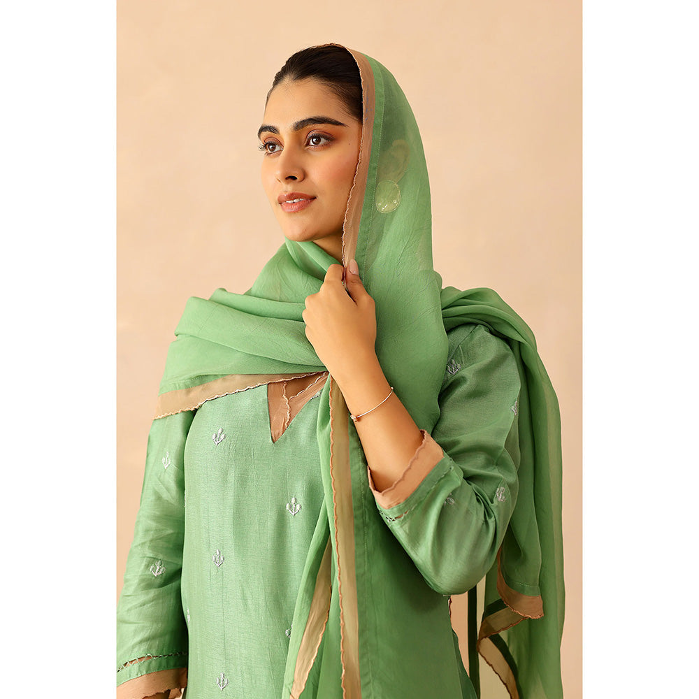 Masoomm Green Peony Embroidered Kurta with Pant and Dupatta (Set of 3)