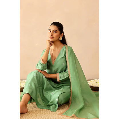 Masoomm Green Peony Embroidered Kurta with Pant and Dupatta (Set of 3)