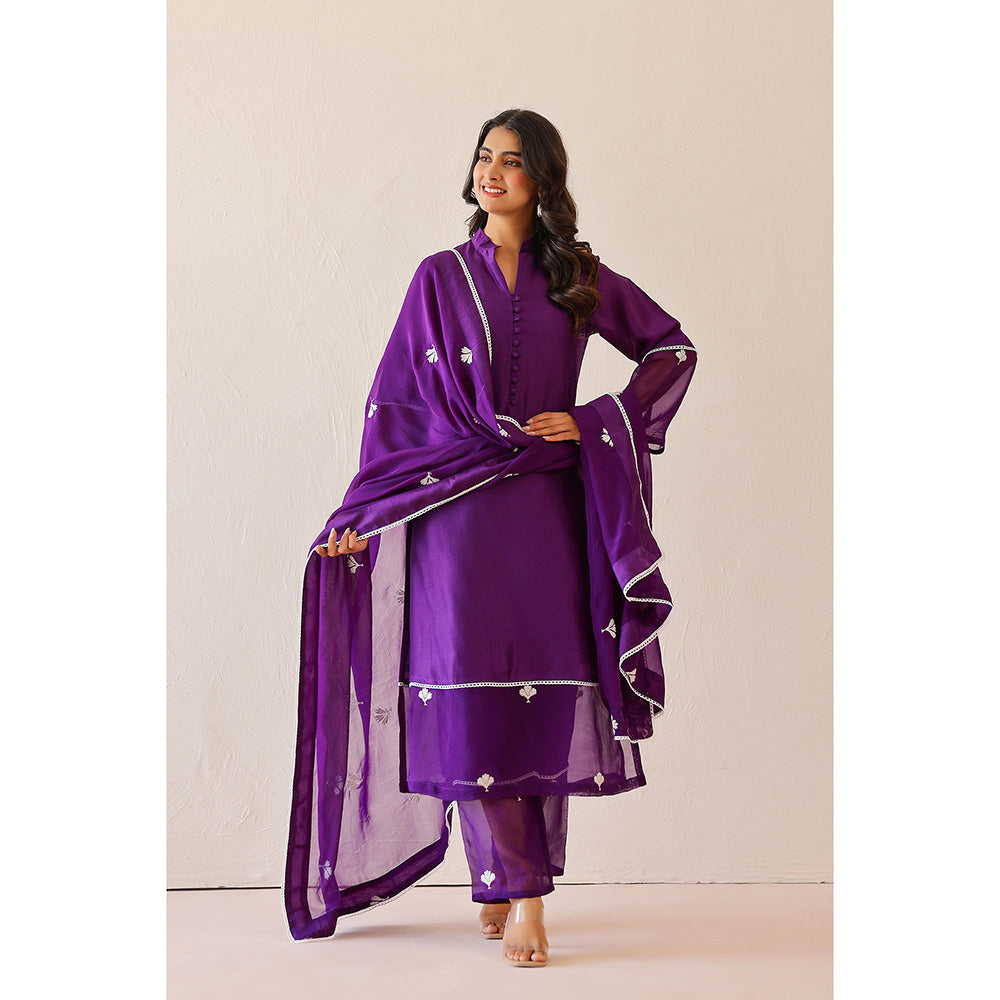 Masoomm Deep Purple Dandelion Embroidered Kurta with Pant and Dupatta (Set of 3)