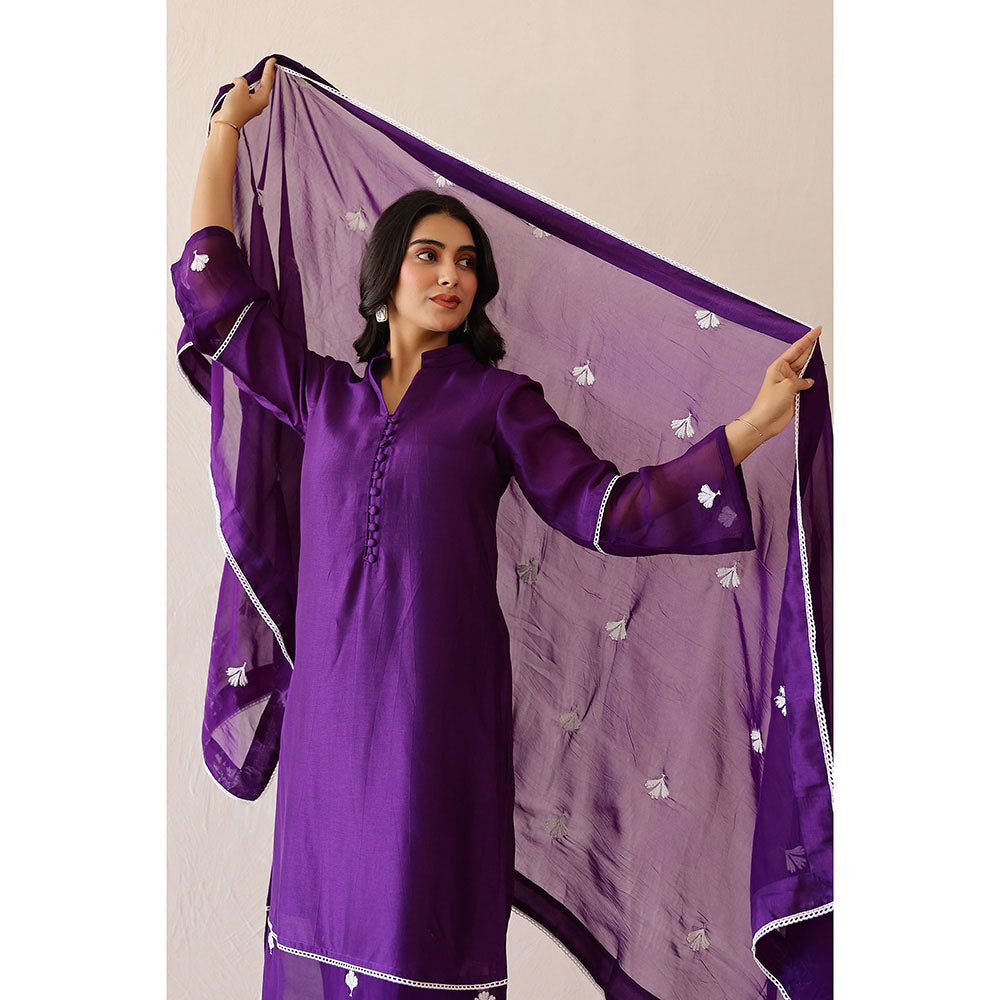 Masoomm Deep Purple Dandelion Embroidered Kurta with Pant and Dupatta (Set of 3)