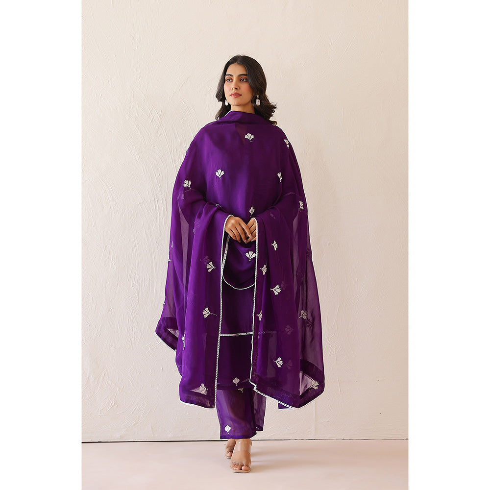 Masoomm Deep Purple Dandelion Embroidered Kurta with Pant and Dupatta (Set of 3)