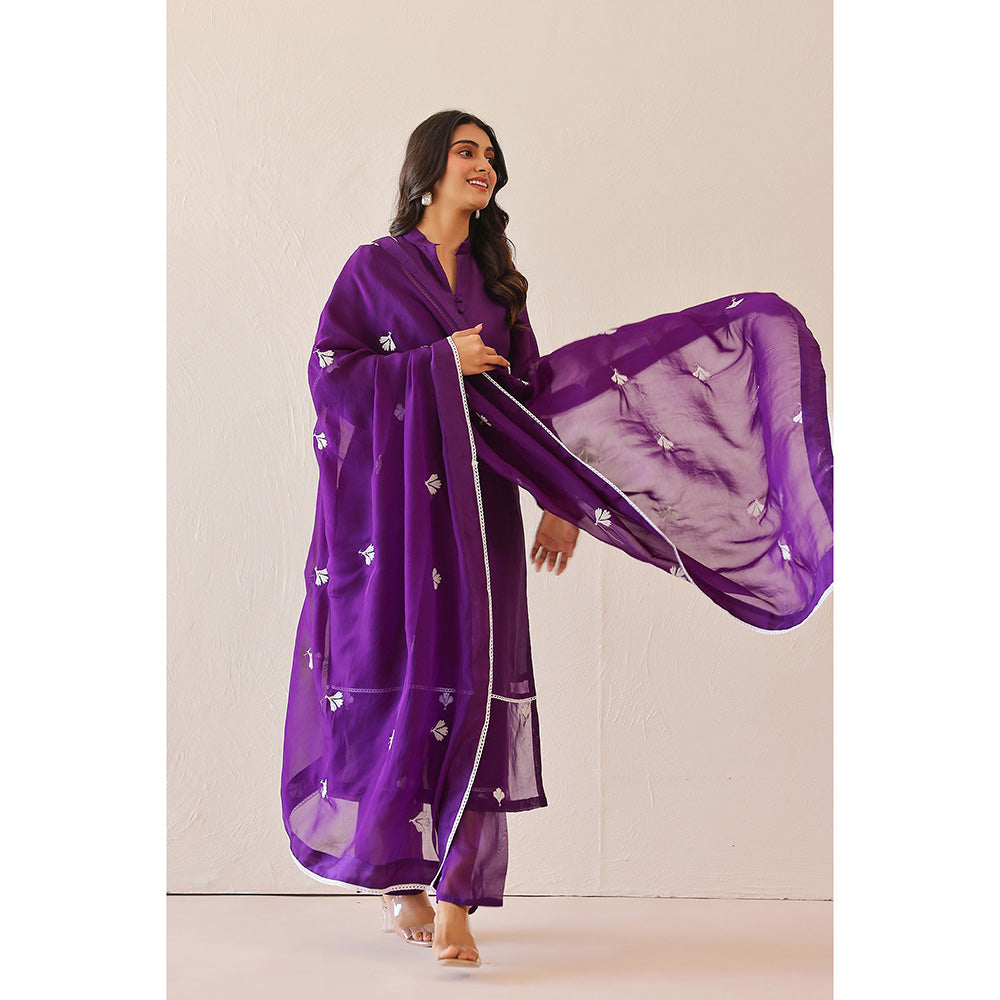 Masoomm Deep Purple Dandelion Embroidered Kurta with Pant and Dupatta (Set of 3)