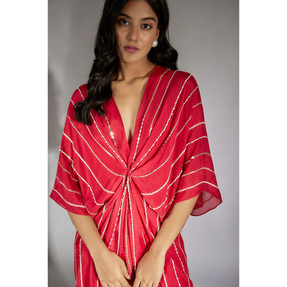 Masumi Mewawalla Red Embroidered Drape Dress (Set of 2)