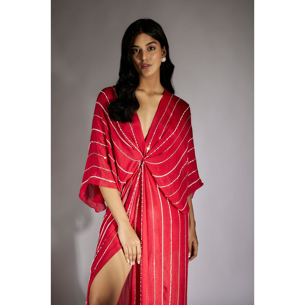 Masumi Mewawalla Red Embroidered Drape Dress (Set of 2)