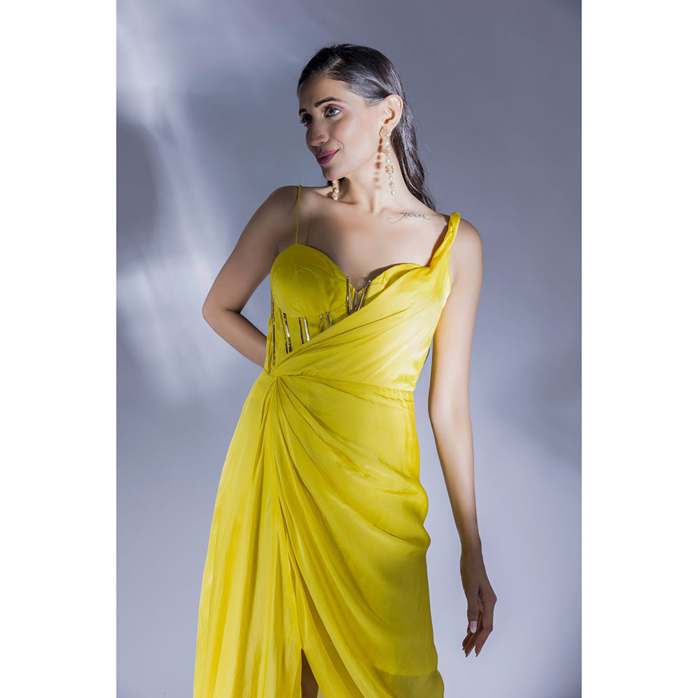 Masumi Mewawalla Yellow Solid Drape Corset Dress