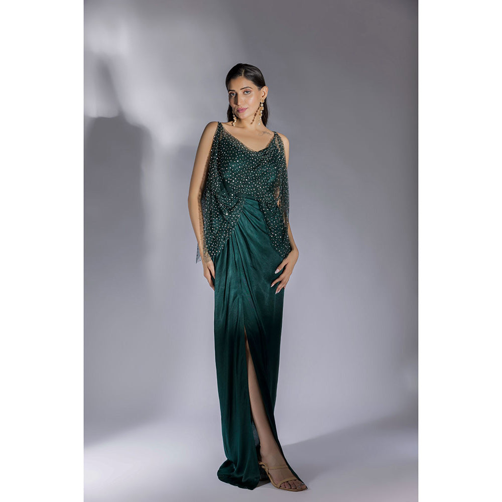 Masumi Mewawalla Bottle Green Embroidered Drape Dress