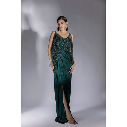 Masumi Mewawalla Bottle Green Embroidered Drape Dress