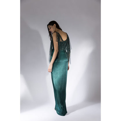 Masumi Mewawalla Bottle Green Embroidered Drape Dress