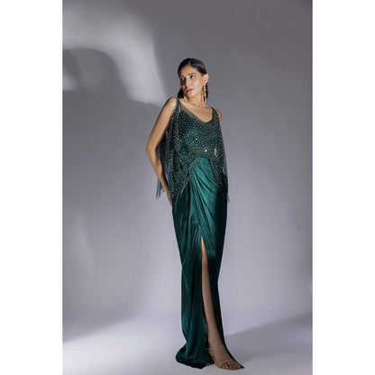 Masumi Mewawalla Bottle Green Embroidered Drape Dress