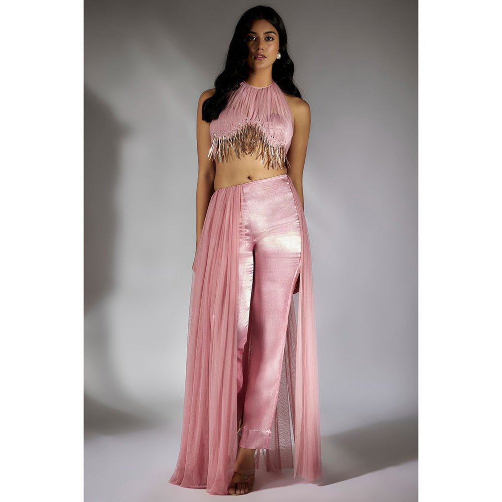 Masumi Mewawalla Onion Pink Embellished Ruched Pant (Set of 2)