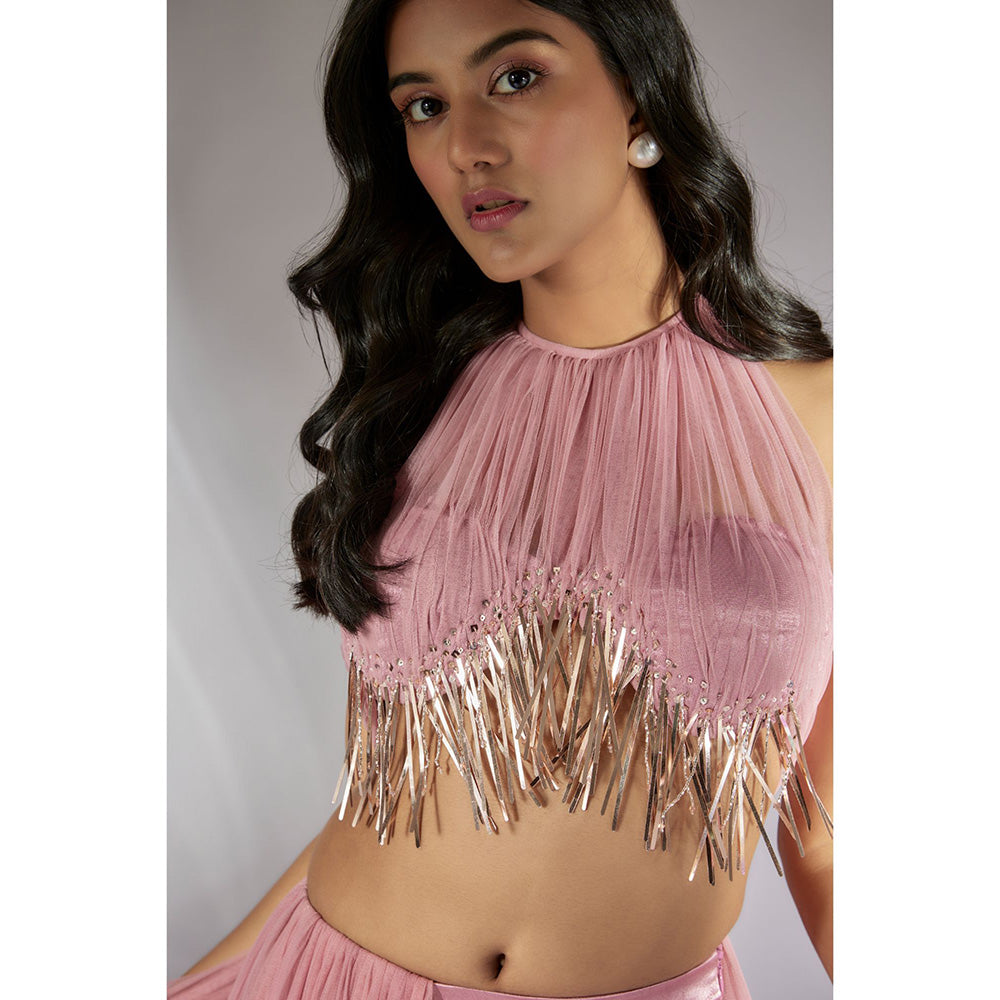 Masumi Mewawalla Onion Pink Embellished Ruched Pant (Set of 2)