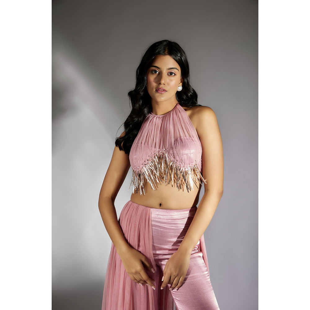 Masumi Mewawalla Onion Pink Embellished Ruched Pant (Set of 2)