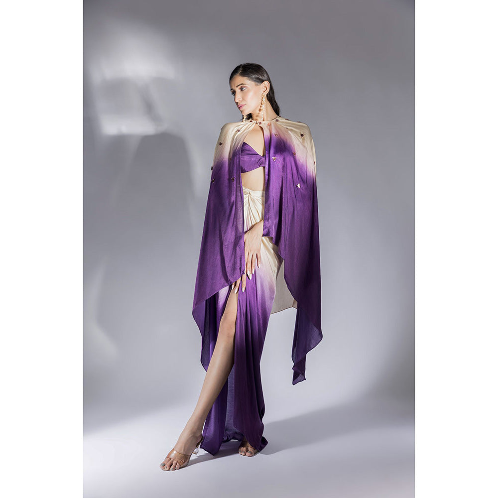 Masumi Mewawalla Purple And Beige Ombre Printed Skirt With Cape (Set of 3)