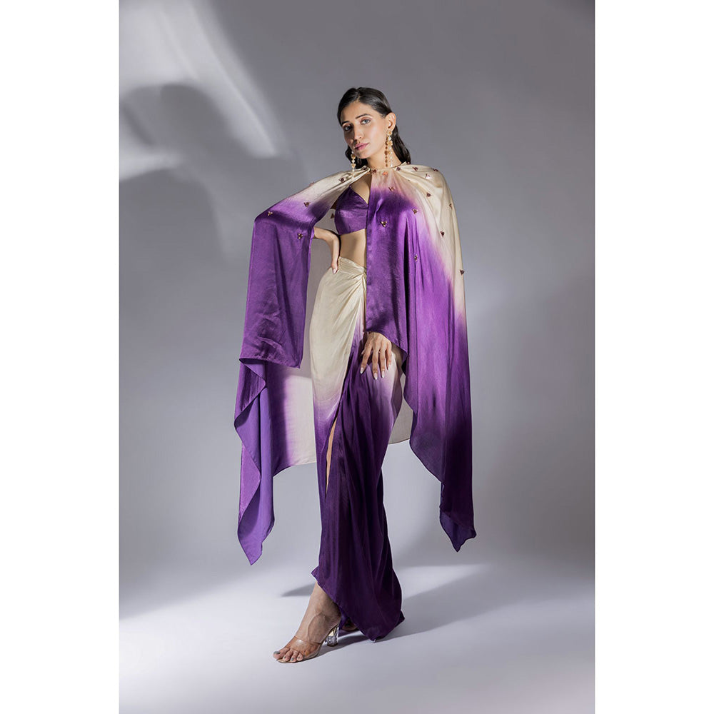 Masumi Mewawalla Purple And Beige Ombre Printed Skirt With Cape (Set of 3)