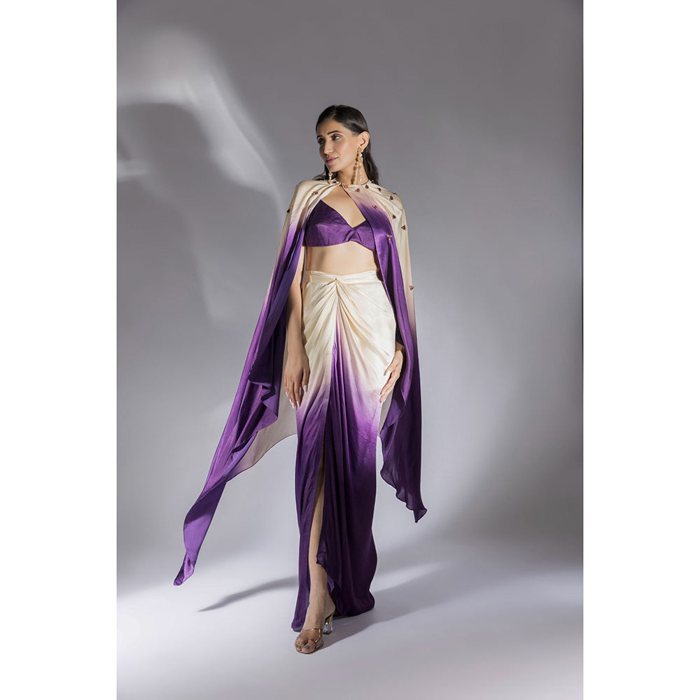 Masumi Mewawalla Purple And Beige Ombre Printed Skirt With Cape (Set of 3)