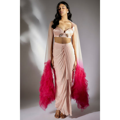 Masumi Mewawalla Peach Pink Solid Drape Skirt With Ombre Ruffle Dupatta (Set of 3)