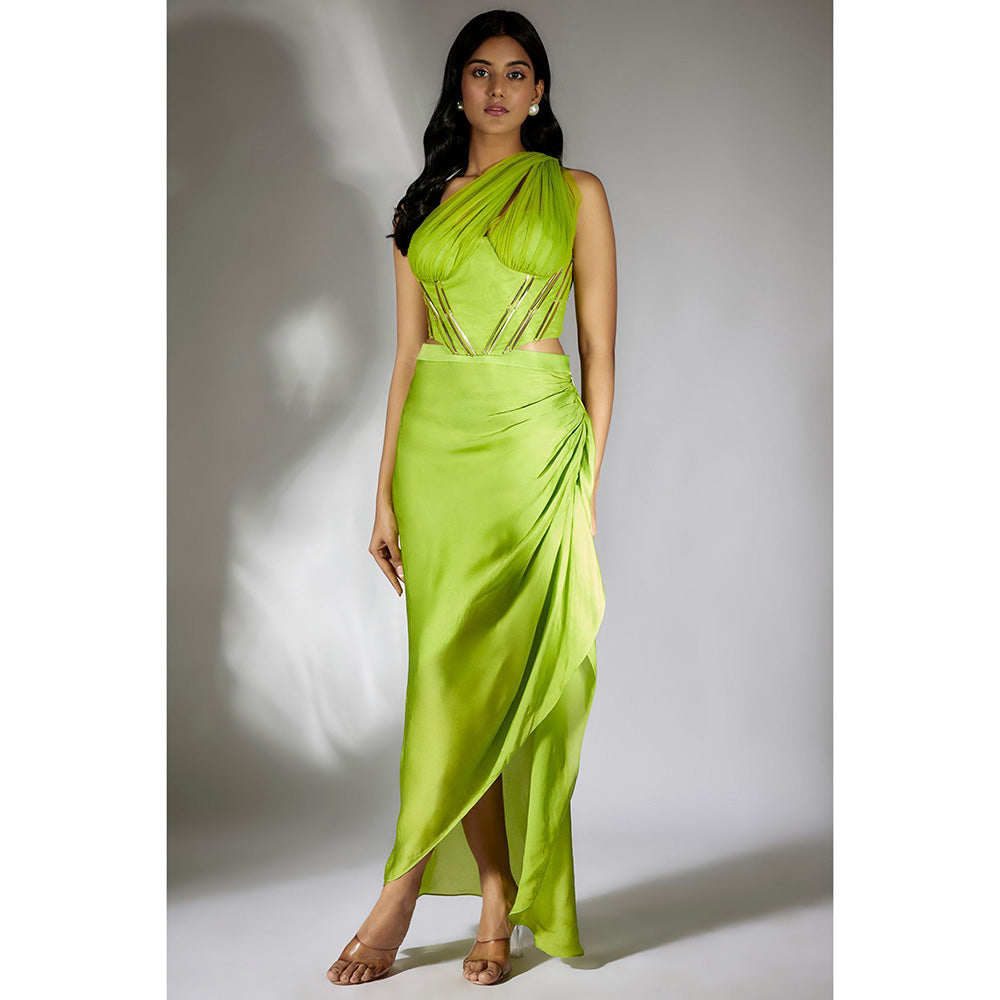 Masumi Mewawalla Green Ruched Top With Drape Skirt (Set of 2)