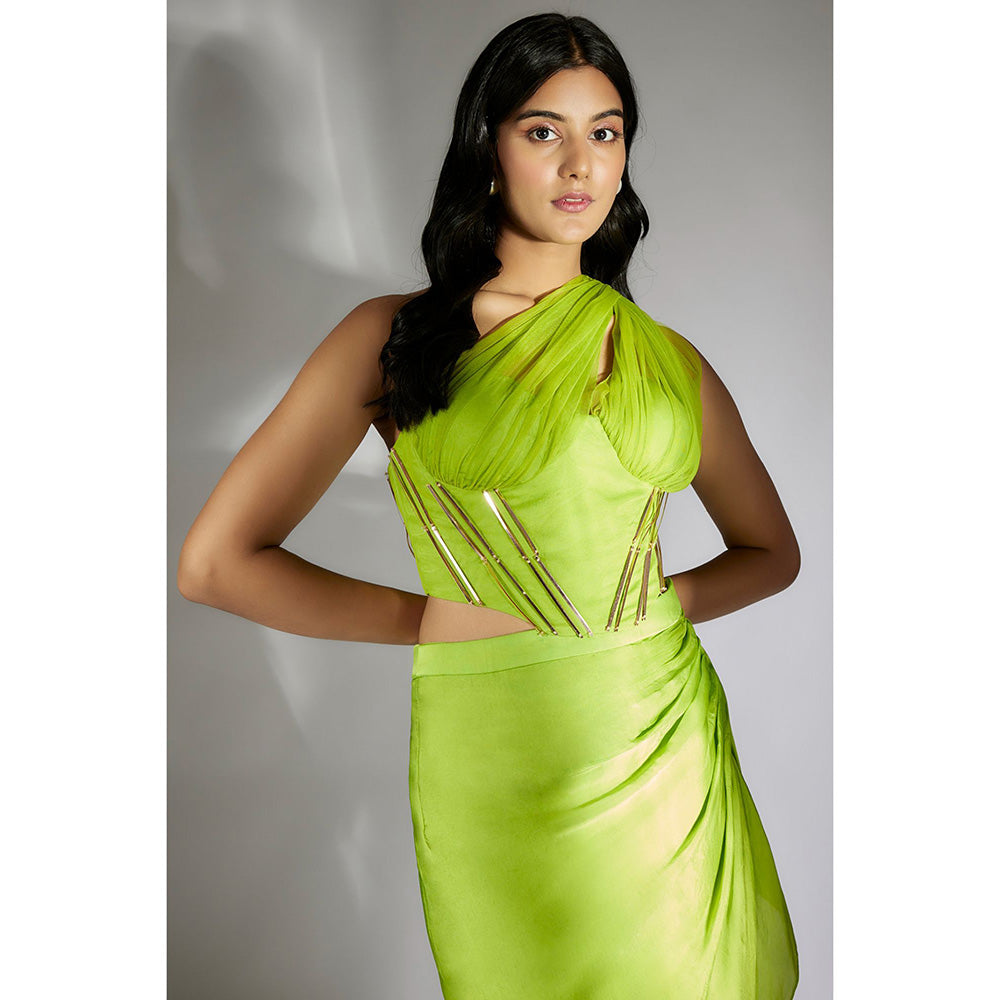 Masumi Mewawalla Green Ruched Top With Drape Skirt (Set of 2)