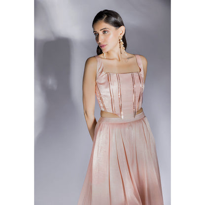 Masumi Mewawalla Peach Pink Stripes Corset With Pant (Set of 2)