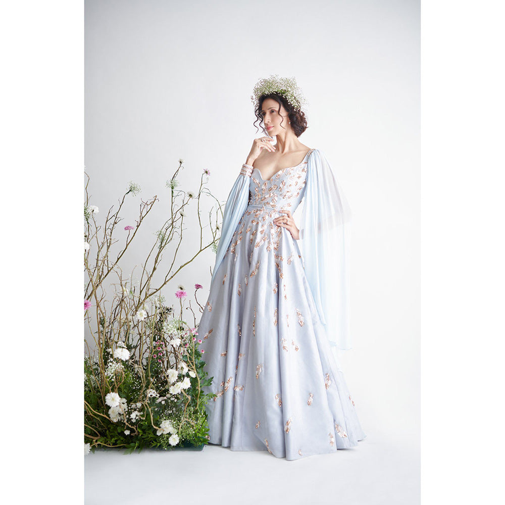 Masumi Mewawalla Light Blue Embroidered & Sequins Draped Gown